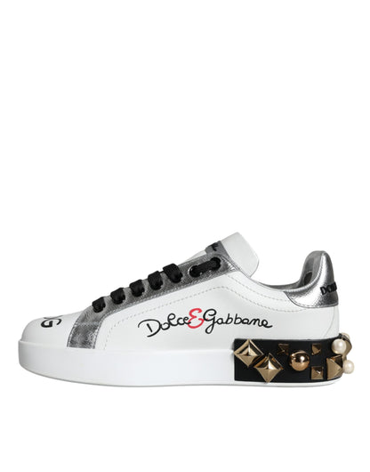 Dolce &amp; Gabbana – Weiße Sneakers aus Leder mit Blumen- und Nietenbesatz