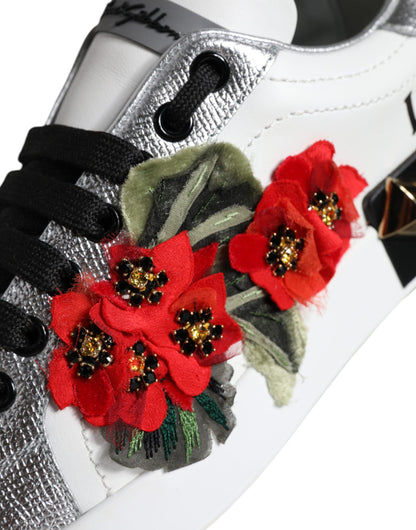 Dolce &amp; Gabbana – Weiße Sneakers aus Leder mit Blumen- und Nietenbesatz