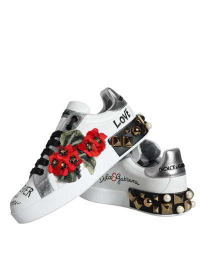 Dolce &amp; Gabbana – Weiße Sneakers aus Leder mit Blumen- und Nietenbesatz