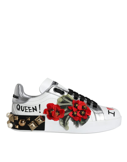 Dolce &amp; Gabbana – Weiße Sneakers aus Leder mit Blumen- und Nietenbesatz