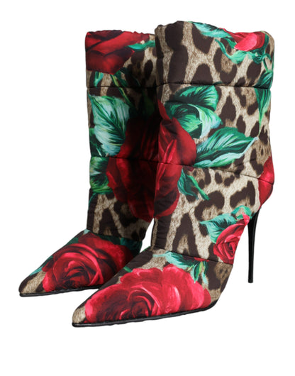 Dolce &amp; Gabbana – Mehrfarbige Stiefel mit Leopardenmuster und Rose, mittelhoher Wadenlänge