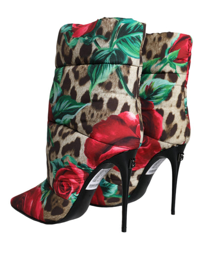 Dolce &amp; Gabbana – Mehrfarbige Stiefel mit Leopardenmuster und Rose, mittelhoher Wadenlänge