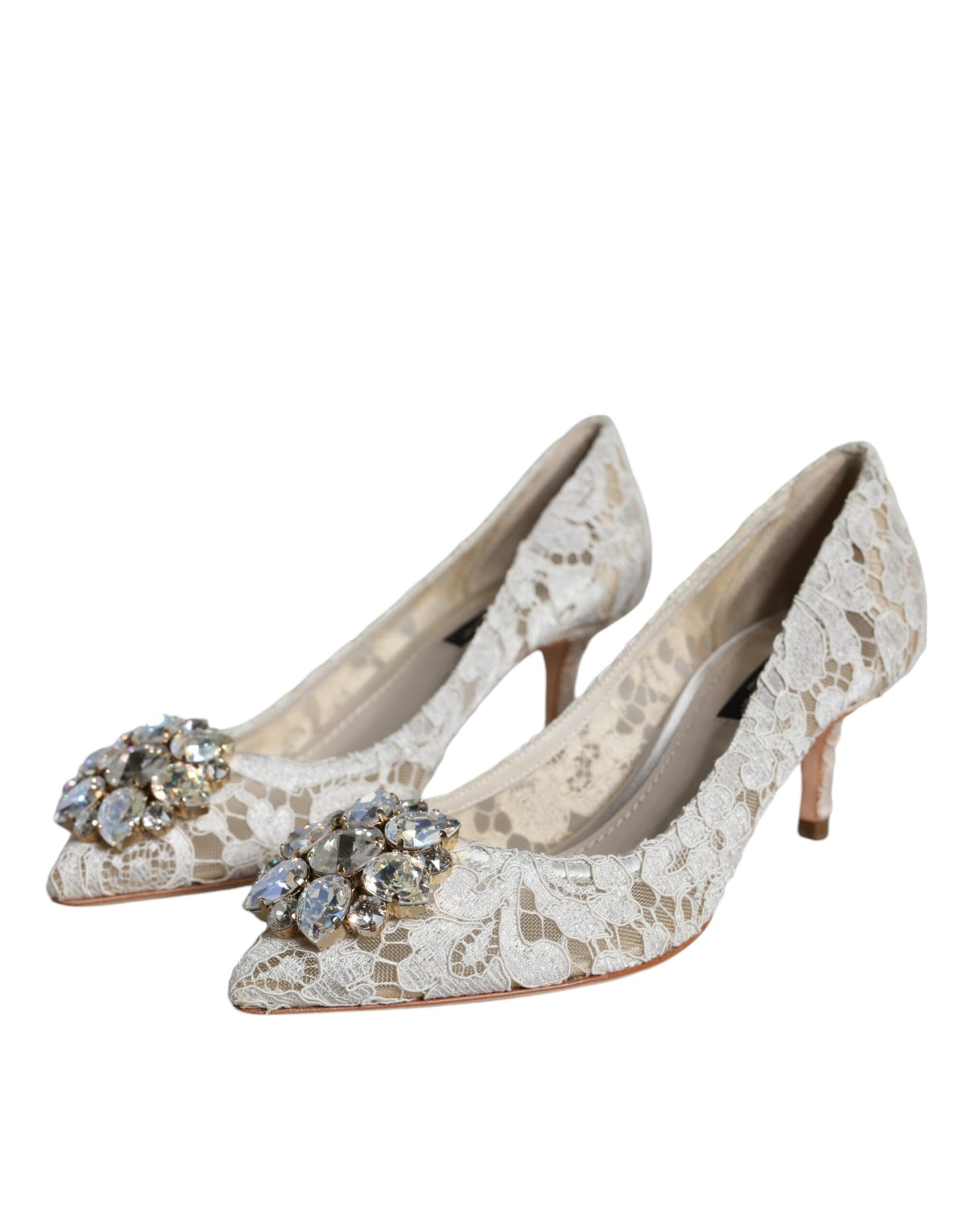 Dolce &amp; Gabbana – Weiße Pumps mit Taormina-Spitze und Kristallabsatz