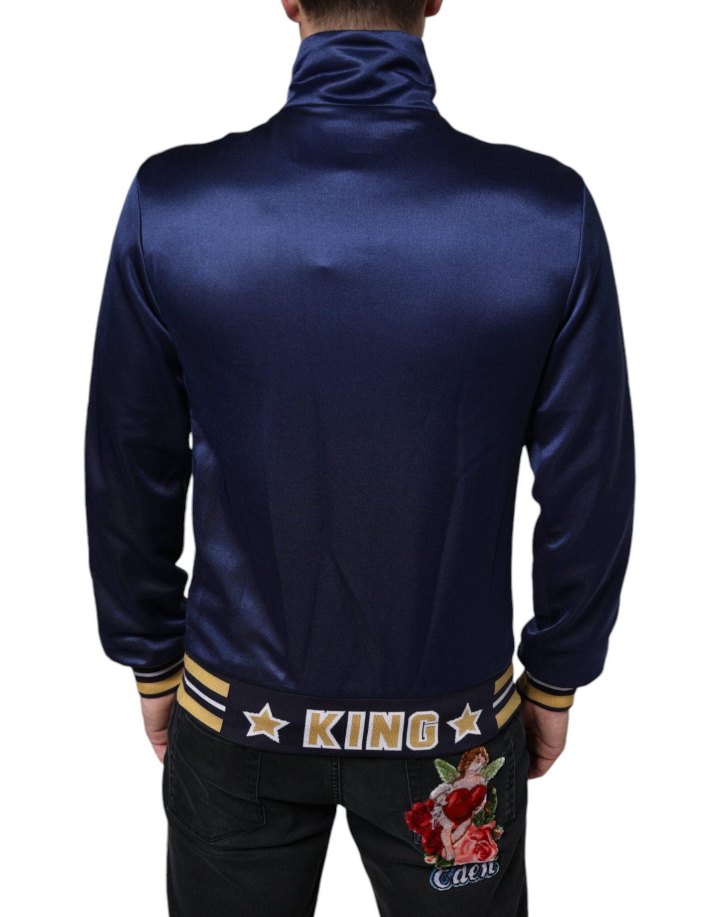 Dolce &amp; Gabbana – Blauer Pullover mit Bienenkönigs-Streifen und heraldischem Patch