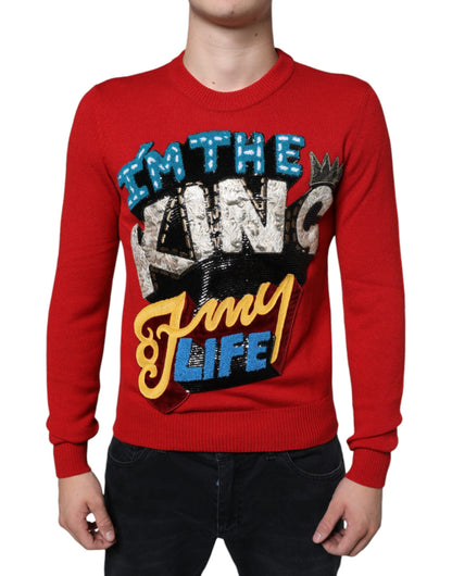 Dolce &amp; Gabbana Roter „I'm The King“-Sweatshirtpullover aus Wolle mit Rundhalsausschnitt