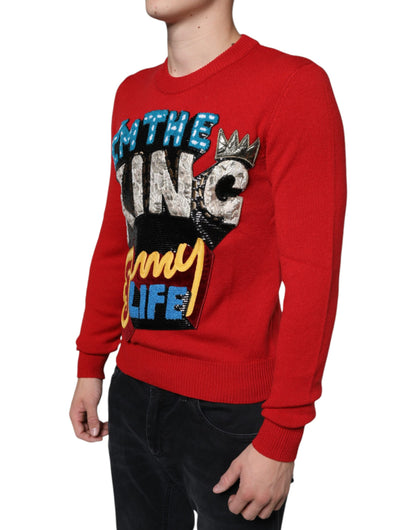 Dolce &amp; Gabbana Roter „I'm The King“-Sweatshirtpullover aus Wolle mit Rundhalsausschnitt