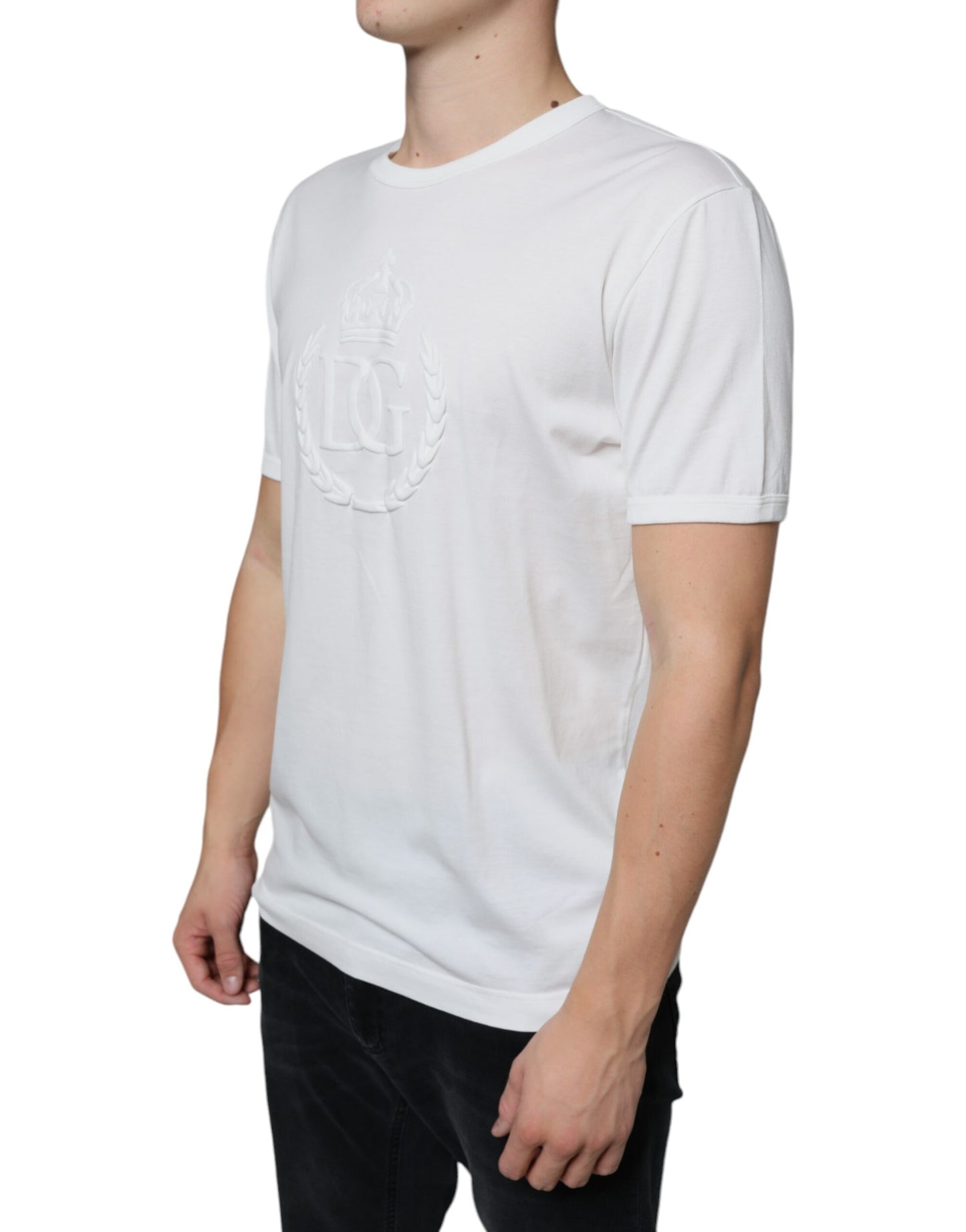 Dolce & Gabbana White Logo Embossed Cotton Crewneck T-shirt