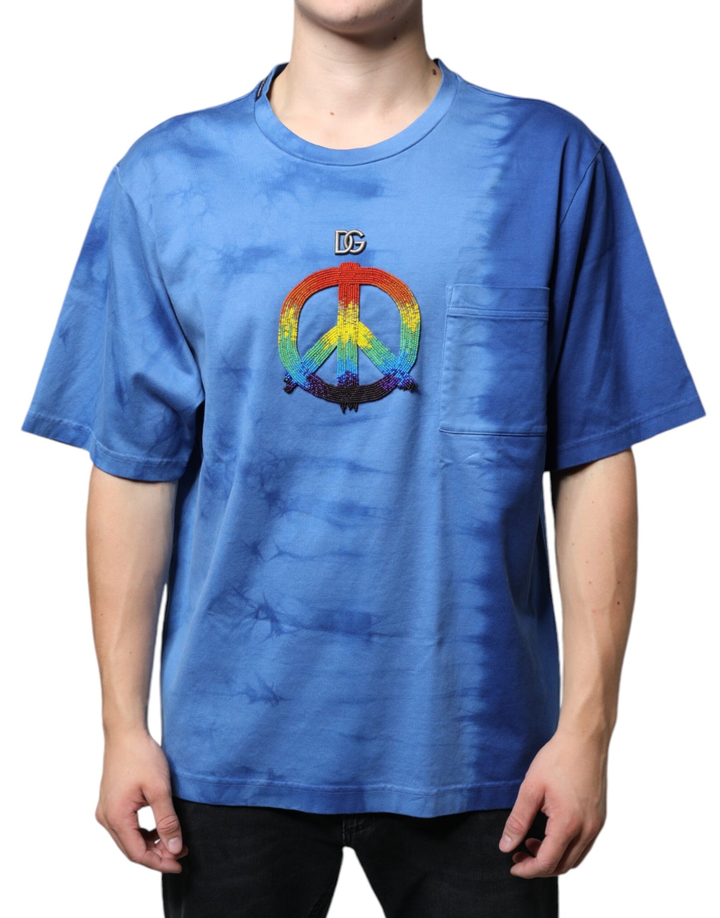 Dolce &amp; Gabbana – Blaues Baumwoll-T-Shirt mit Batikmuster und Peace-Zeichen