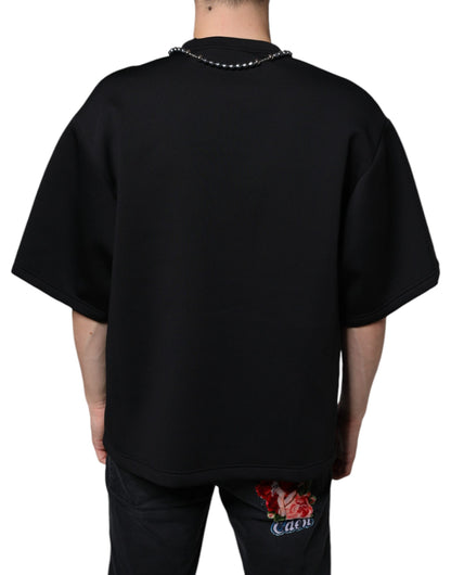 Dolce &amp; Gabbana Schwarzes T-Shirt aus Polyester mit Halskettenverzierung