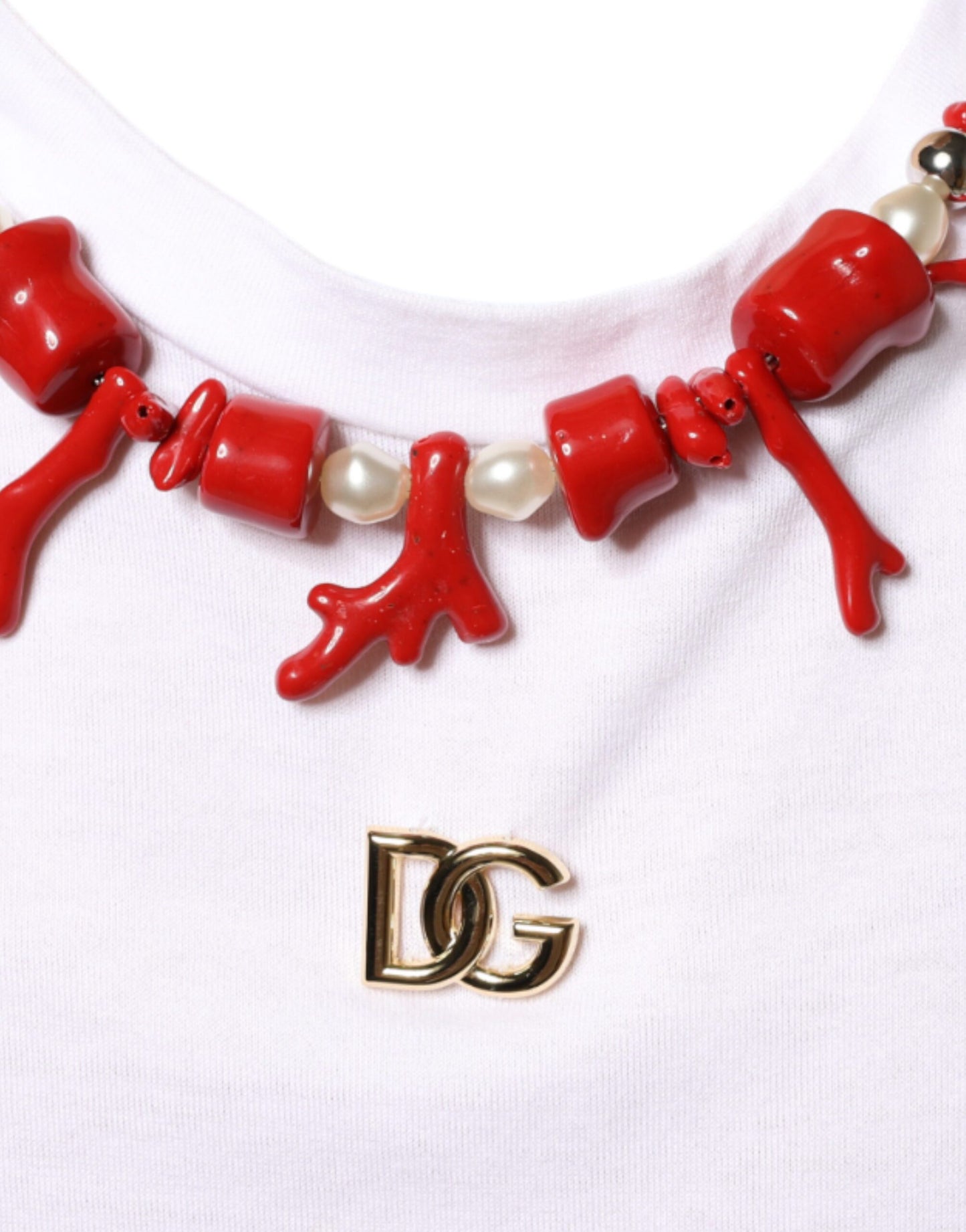 Dolce &amp; Gabbana – Weißes T-Shirt aus Baumwolle mit Halskettenverzierung