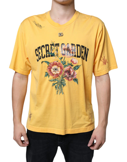 Dolce &amp; Gabbana – Gelbes T-Shirt mit Rundhalsausschnitt und Blumenmuster aus Baumwolle mit Secret Graden