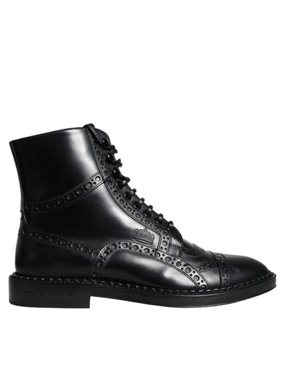 Dolce &amp; Gabbana – Schwarze, wadenlange Stiefel aus Leder mit Schnürung