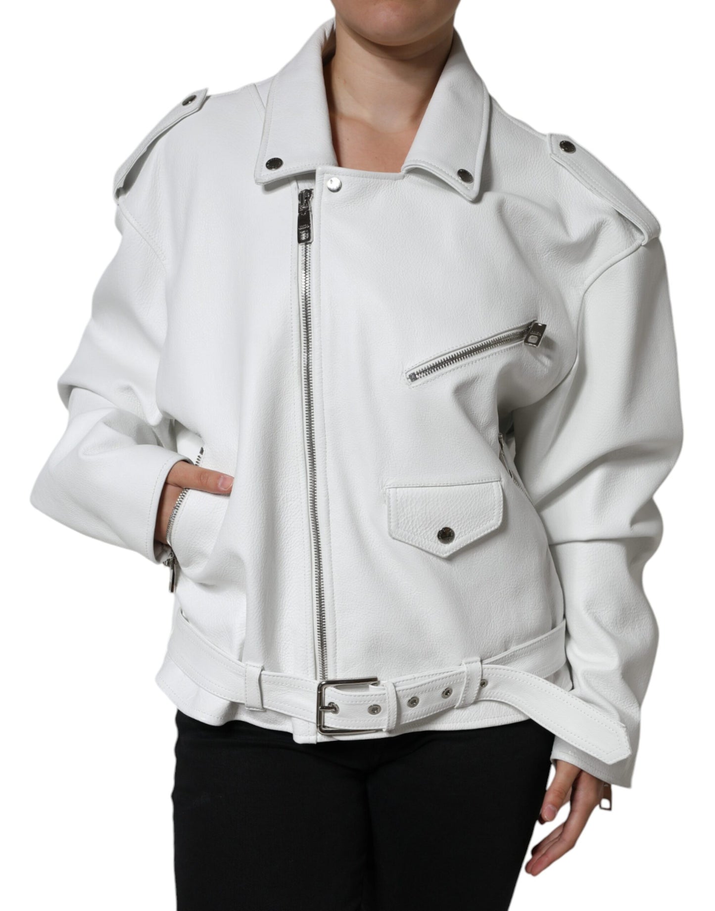 Dolce & Gabbana White Lambskin Leather Biker Coat Jacket