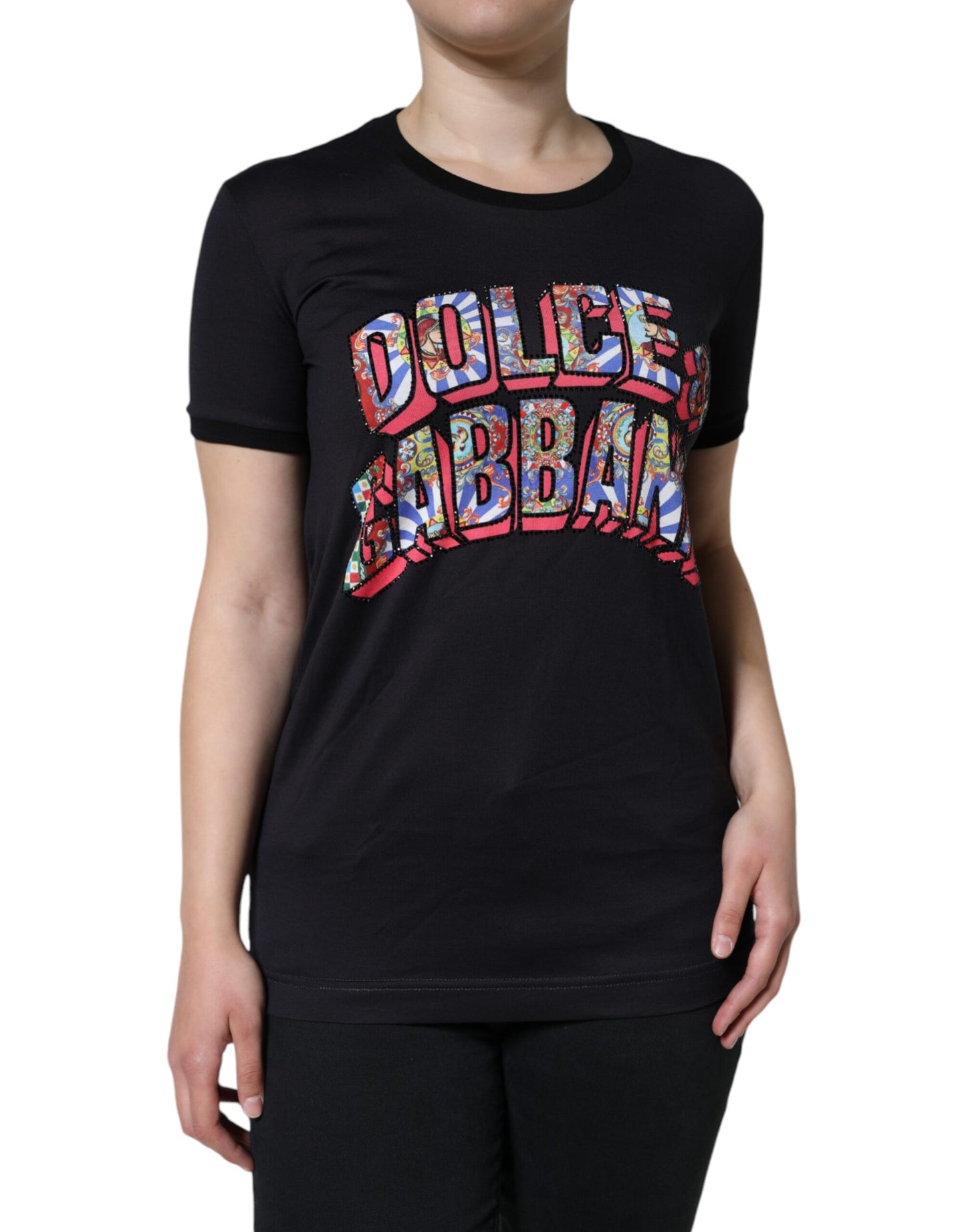 Dolce &amp; Gabbana – Schwarzes Rundhals-T-Shirt aus Baumwolle mit Logo-Print