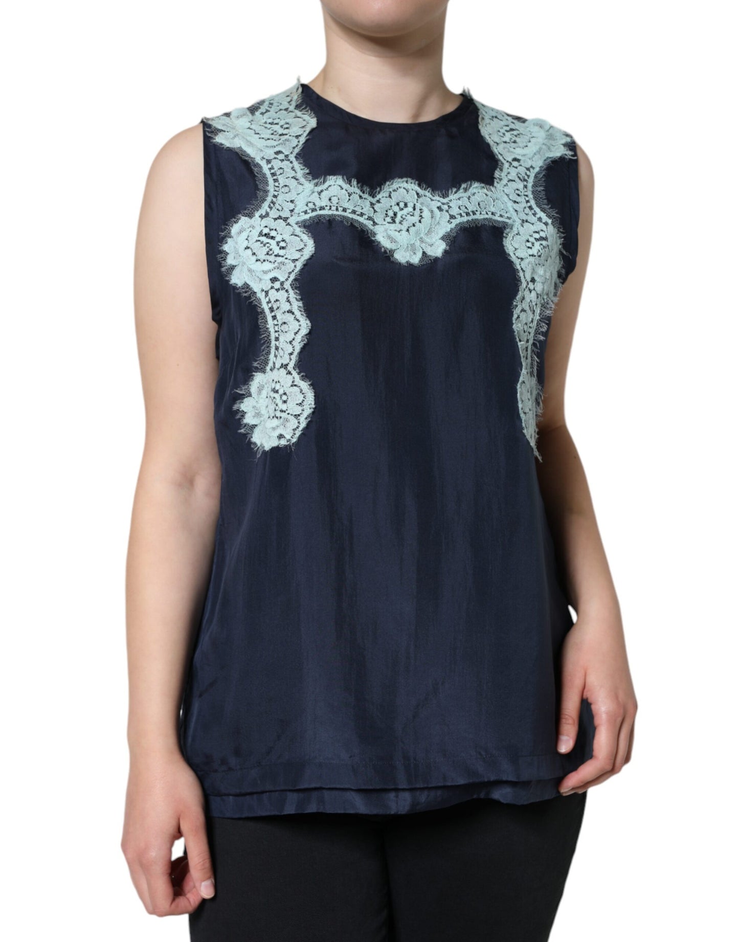 Dolce &amp; Gabbana – Ärmelloses Tanktop aus Seide mit Blumenspitze, Blau