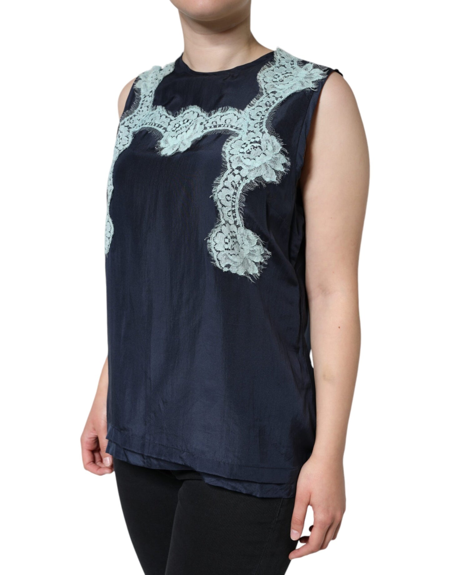 Dolce &amp; Gabbana – Ärmelloses Tanktop aus Seide mit Blumenspitze, Blau