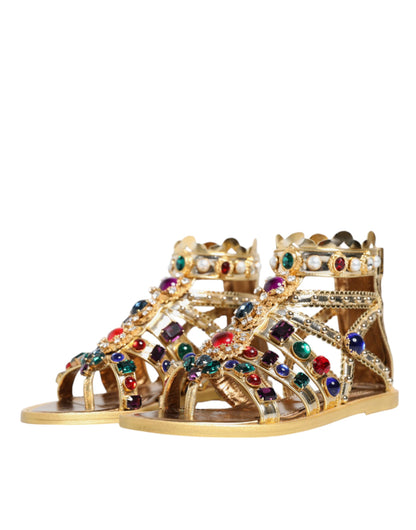 Dolce &amp; Gabbana – Gladiator-Sandalen aus goldenem Leder mit Kristallen, flache Schuhe