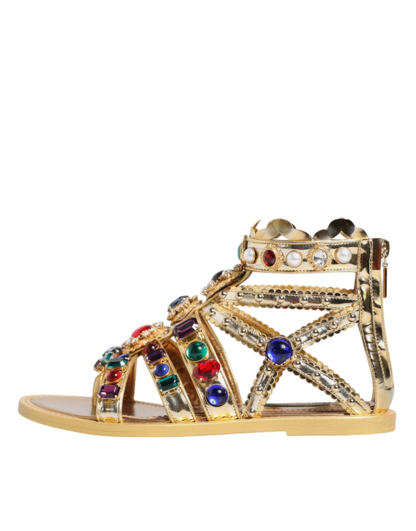 Dolce &amp; Gabbana – Gladiator-Sandalen aus goldenem Leder mit Kristallen, flache Schuhe