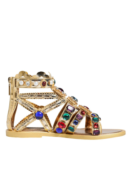 Dolce &amp; Gabbana – Gladiator-Sandalen aus goldenem Leder mit Kristallen, flache Schuhe