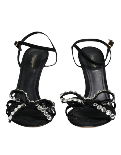 Dolce & Gabbana Black Leather Crystal Bow Heels Sandals Shoes