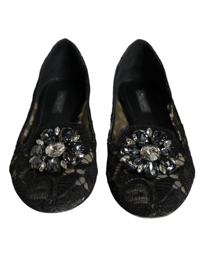 Dolce &amp; Gabbana – Schwarze Ballerinas mit Spitze und Kristallen, Halbschuhe