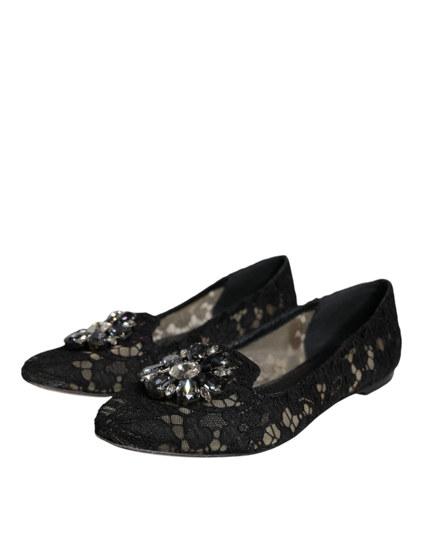 Dolce &amp; Gabbana – Schwarze Ballerinas mit Spitze und Kristallen, Halbschuhe