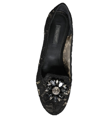 Dolce &amp; Gabbana – Schwarze Ballerinas mit Spitze und Kristallen, Halbschuhe