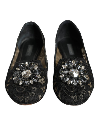 Dolce &amp; Gabbana – Schwarze Ballerinas mit Spitze und Kristallen, Halbschuhe