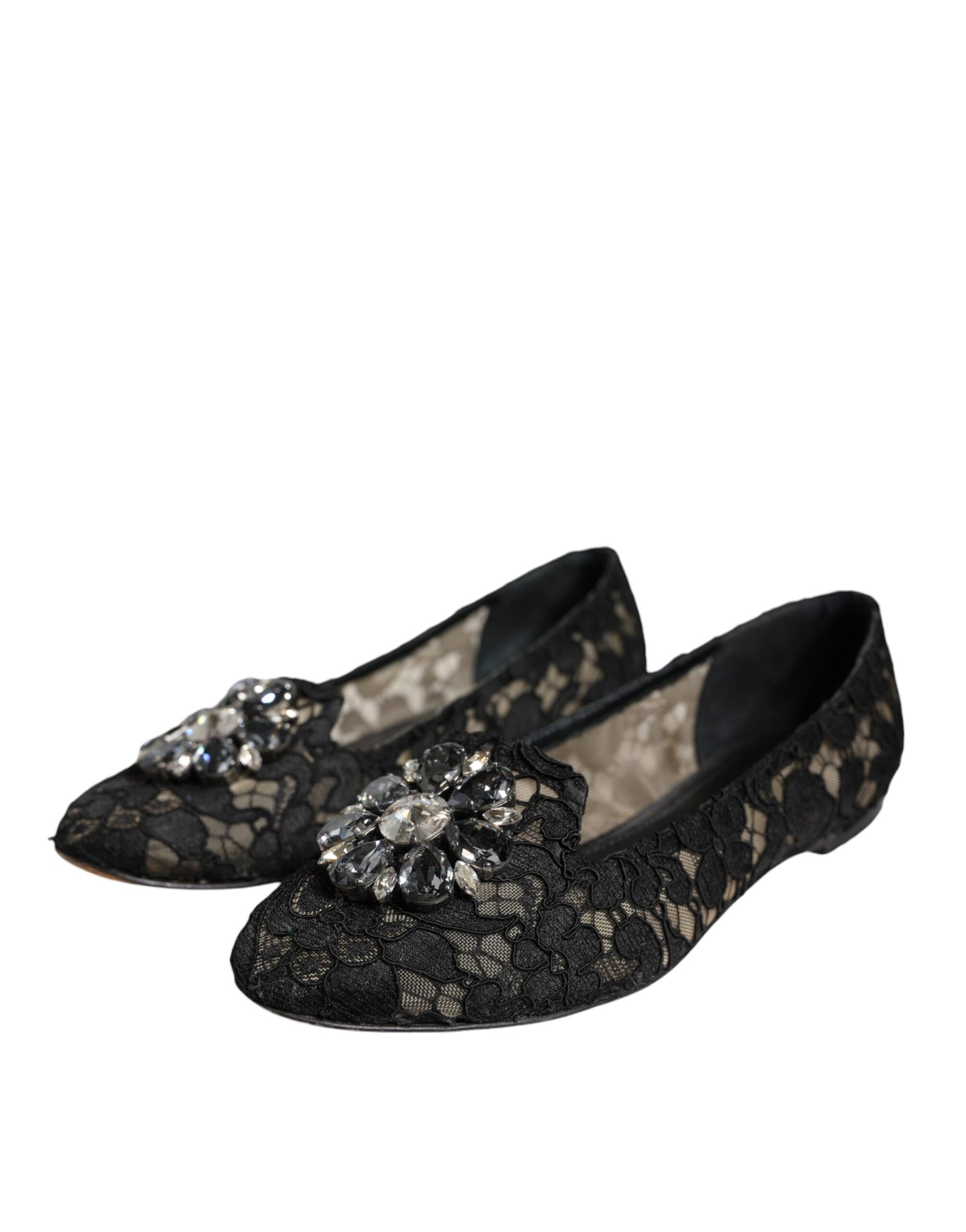 Dolce &amp; Gabbana – Schwarze Ballerinas mit Spitze und Kristallen, Halbschuhe