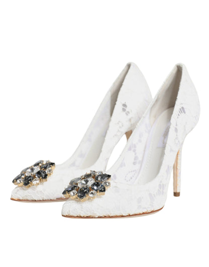 Dolce & Gabbana White Taormina Lace Crystal Heels Pumps Shoes