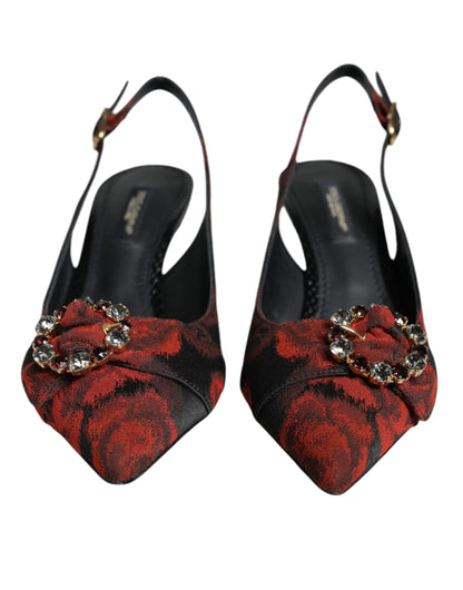 Dolce &amp; Gabbana – Slingback-Schuhe mit Blumenmuster und Kristallabsatz in Schwarz und Rot