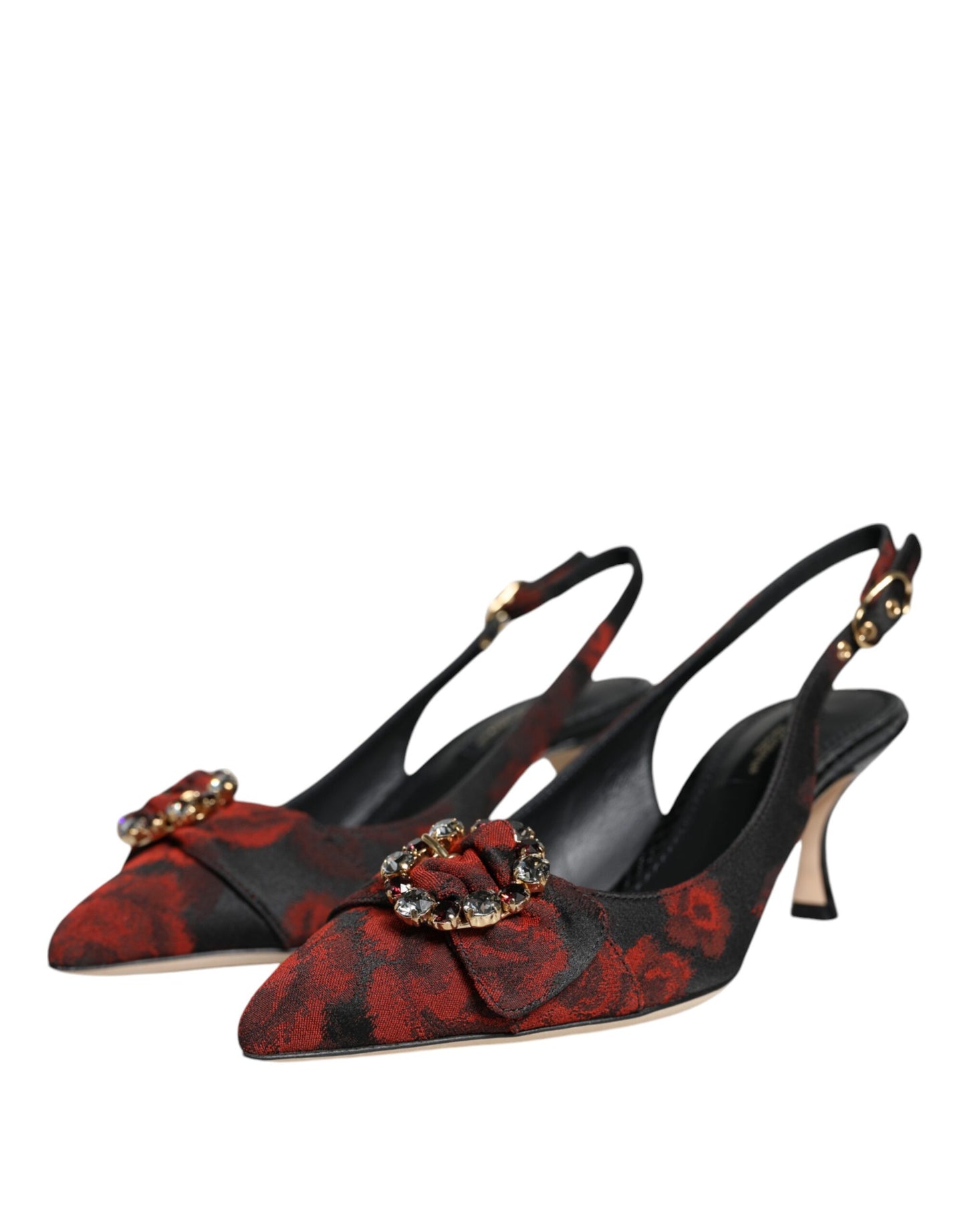 Dolce &amp; Gabbana – Slingback-Schuhe mit Blumenmuster und Kristallabsatz in Schwarz und Rot