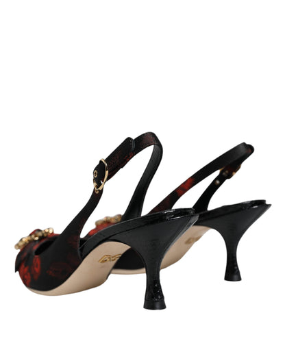 Dolce &amp; Gabbana – Slingback-Schuhe mit Blumenmuster und Kristallabsatz in Schwarz und Rot