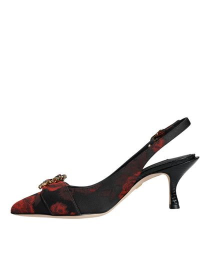 Dolce &amp; Gabbana – Slingback-Schuhe mit Blumenmuster und Kristallabsatz in Schwarz und Rot