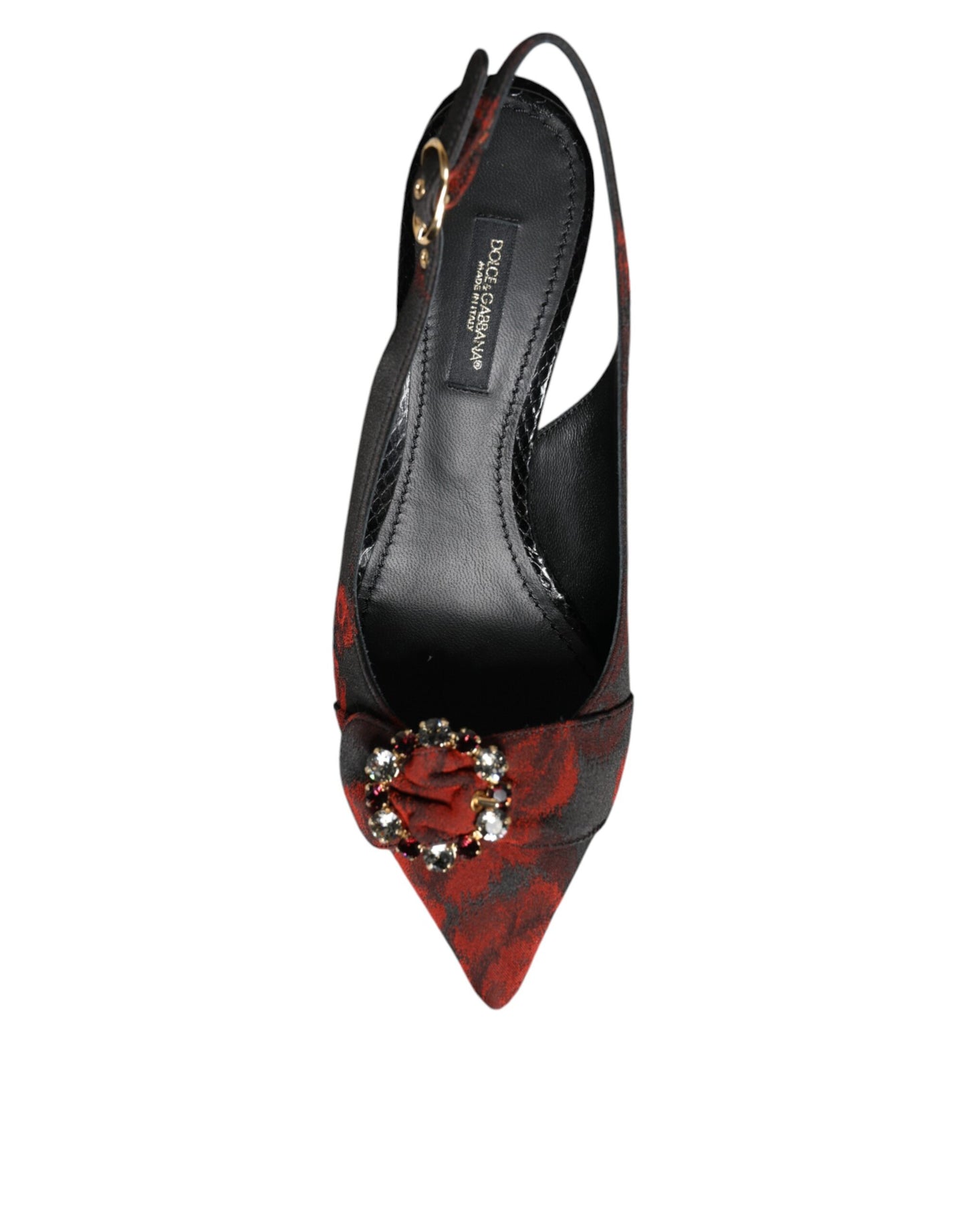 Dolce &amp; Gabbana – Slingback-Schuhe mit Blumenmuster und Kristallabsatz in Schwarz und Rot