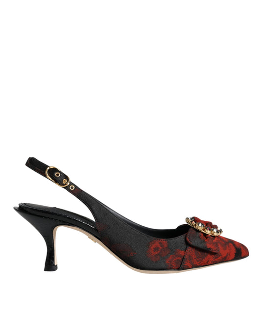 Dolce &amp; Gabbana – Slingback-Schuhe mit Blumenmuster und Kristallabsatz in Schwarz und Rot