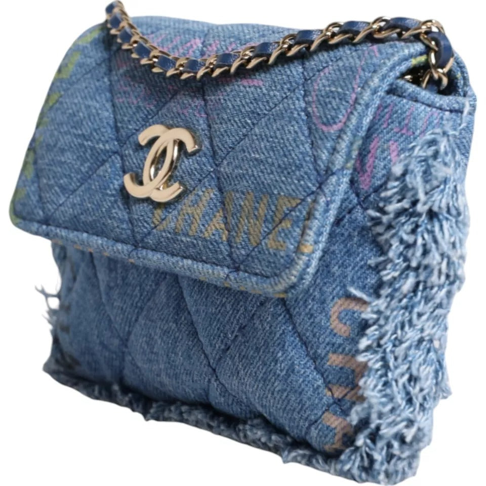 Chanel Denim Mood Flap Schultertasche mit Mikro-Logoaufdruck und Fransen