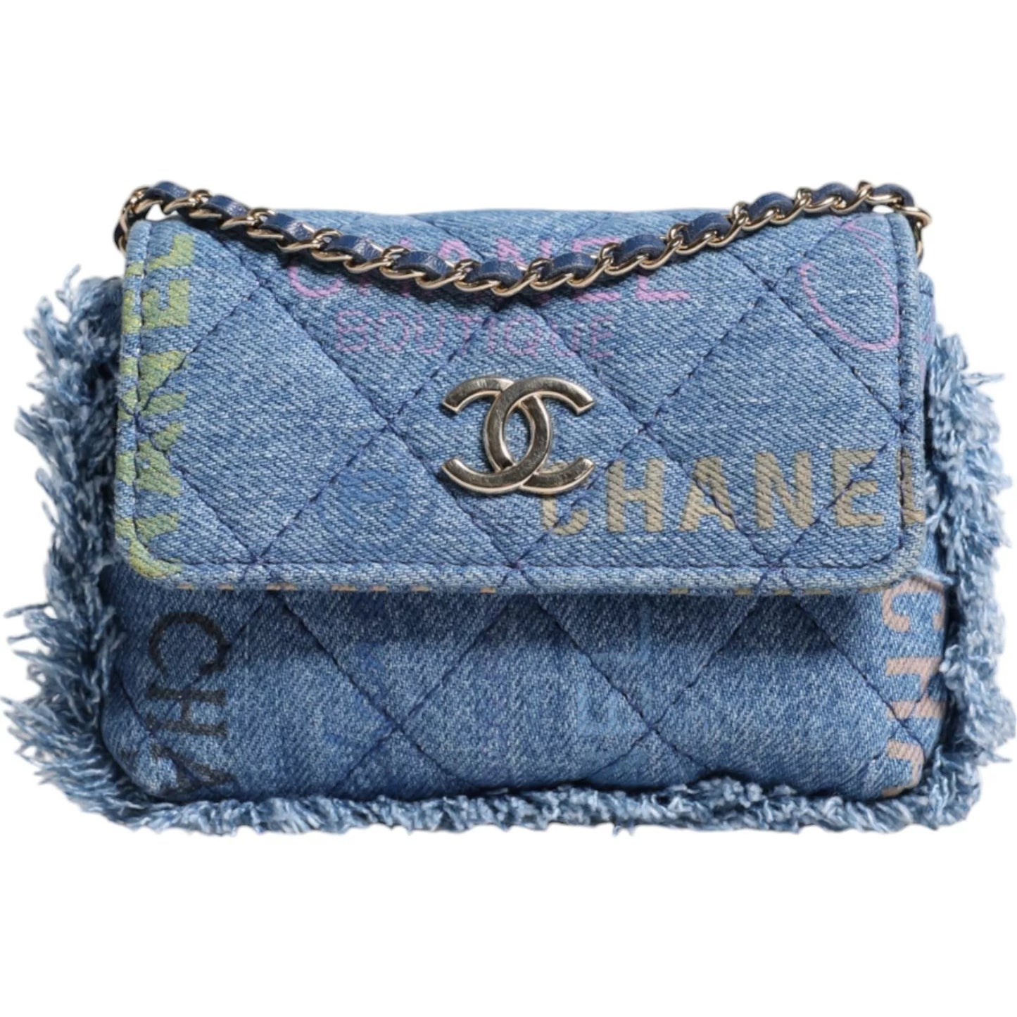 Chanel Denim Mood Flap Schultertasche mit Mikro-Logoaufdruck und Fransen