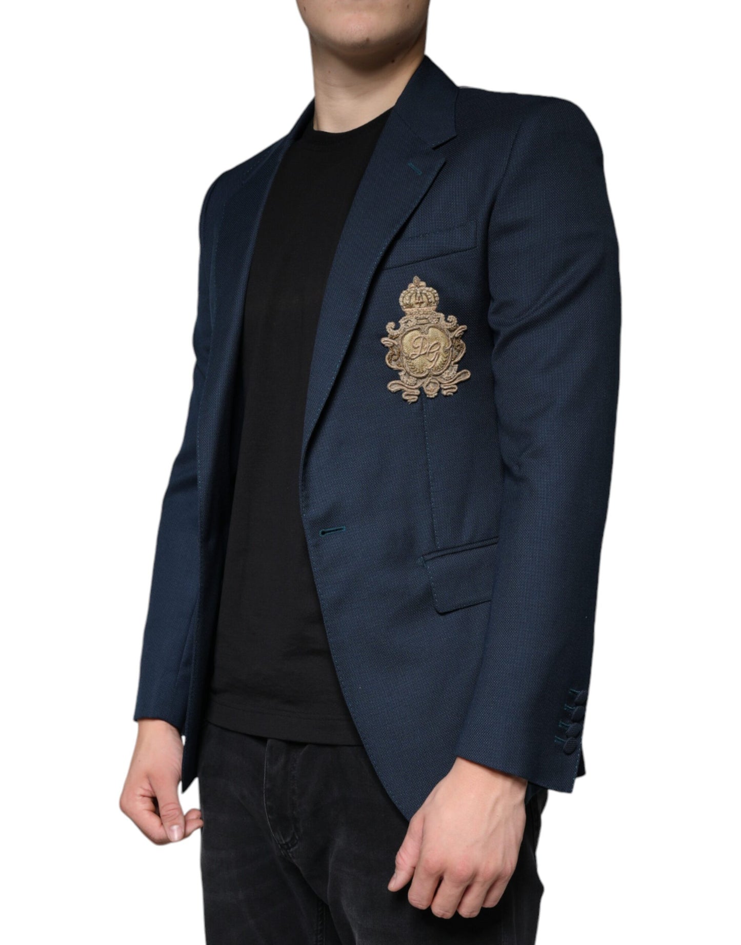 Dolce & Gabbana Blue Wool Logo Single Breasted Coat Blazer