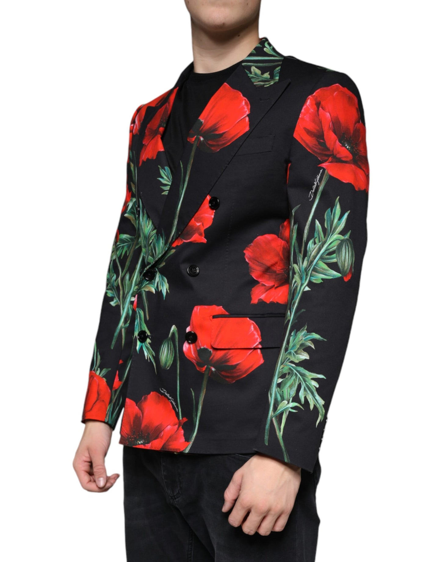 Dolce &amp; Gabbana – Schwarzer, zweireihiger Blazer mit Blumenmuster