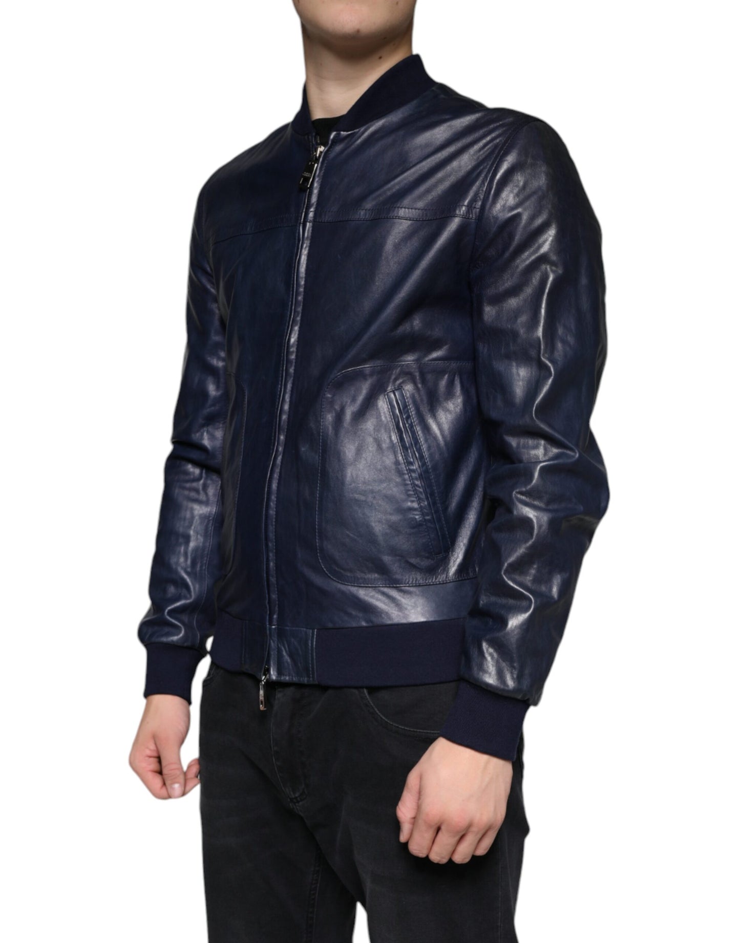 Dolce &amp; Gabbana – Bikerjacke aus Lammleder mit durchgehendem Reißverschluss, Blau