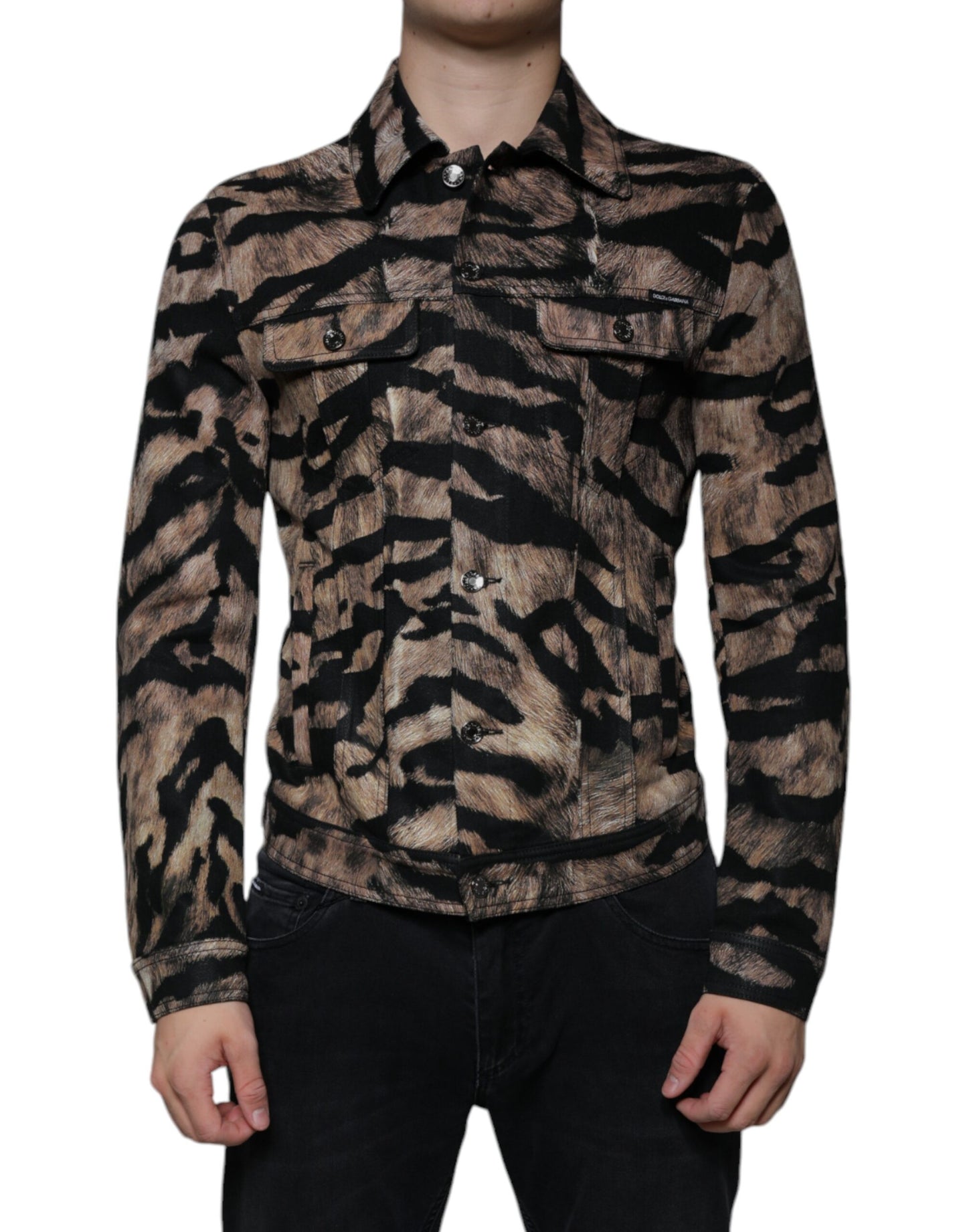 Dolce &amp; Gabbana – Braune Jacke mit Tiger-Kragen und Button-Down-Muster