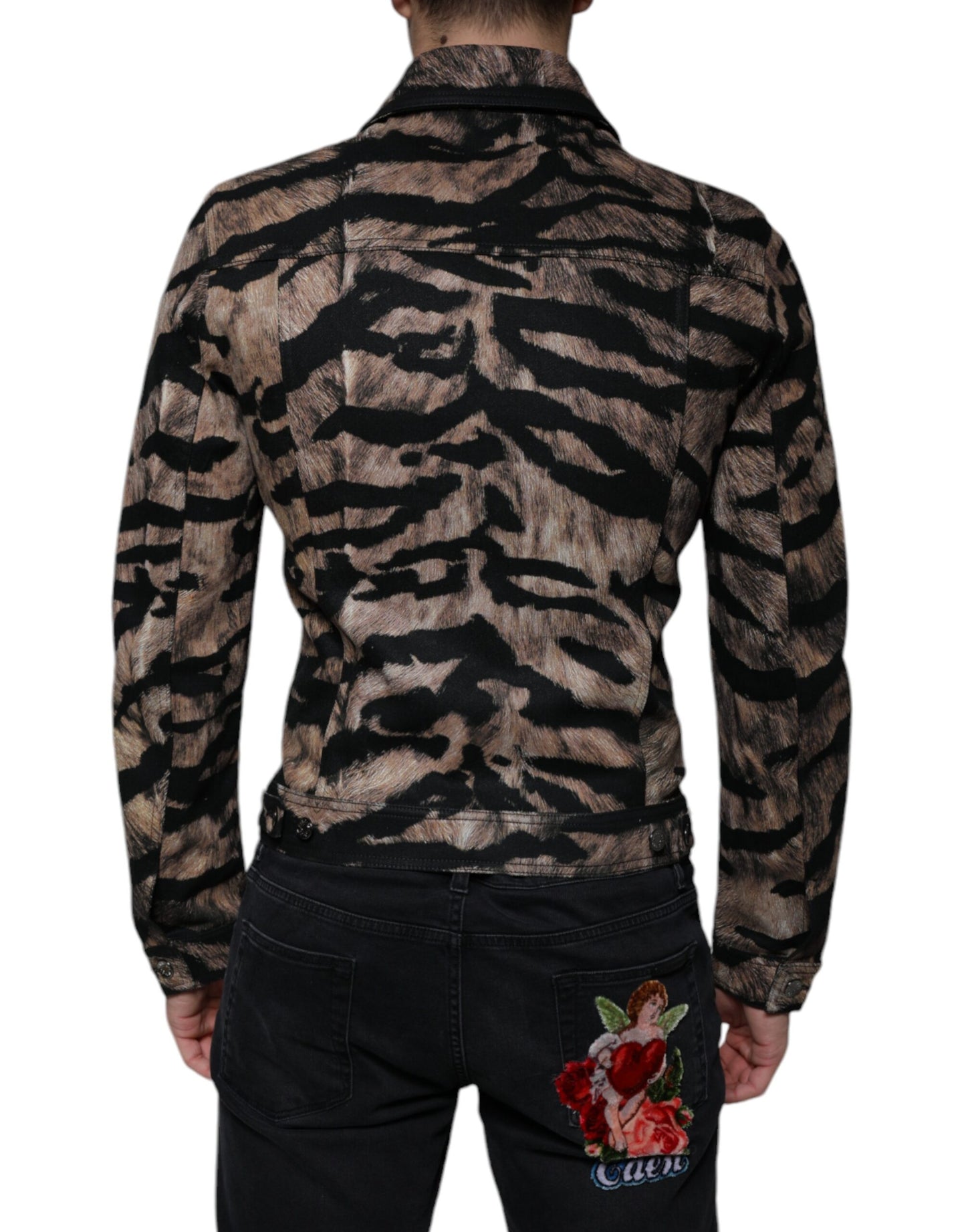 Dolce &amp; Gabbana – Braune Jacke mit Tiger-Kragen und Button-Down-Muster