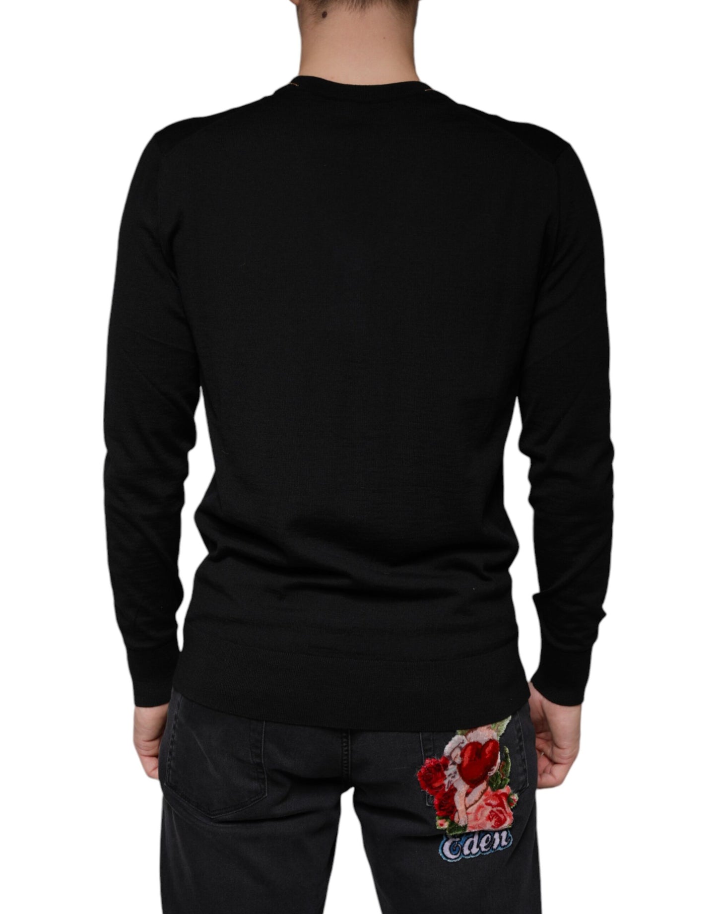 Dolce &amp; Gabbana – Schwarzer Pullover mit V-Ausschnitt und Verzierung