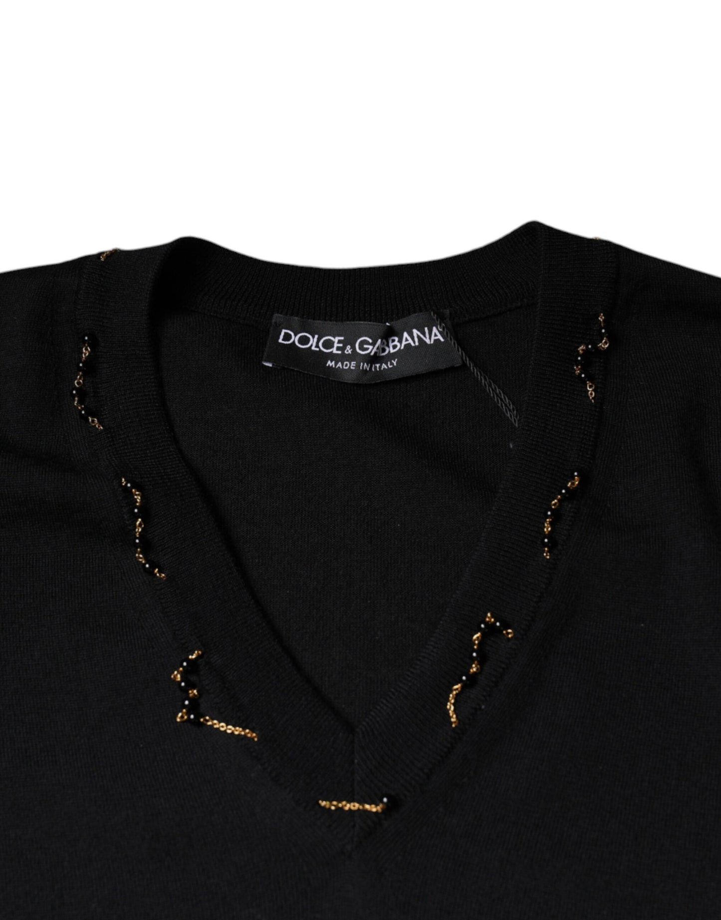 Dolce &amp; Gabbana – Schwarzer Pullover mit V-Ausschnitt und Verzierung