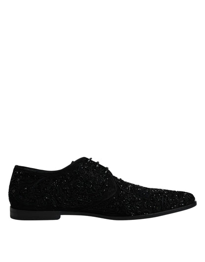 Dolce &amp; Gabbana – Schwarze, verzierte Derby-Schuhe aus Wildleder