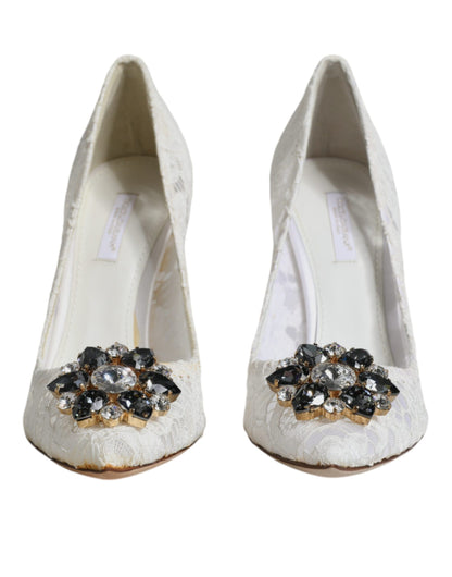 Dolce &amp; Gabbana – Weiße Pumps mit Taormina-Spitze und Kristallabsatz