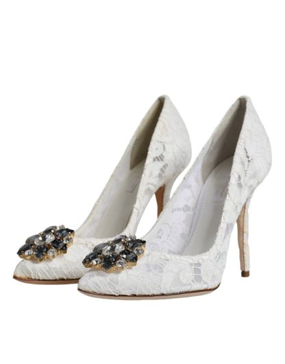 Dolce &amp; Gabbana – Weiße Pumps mit Taormina-Spitze und Kristallabsatz