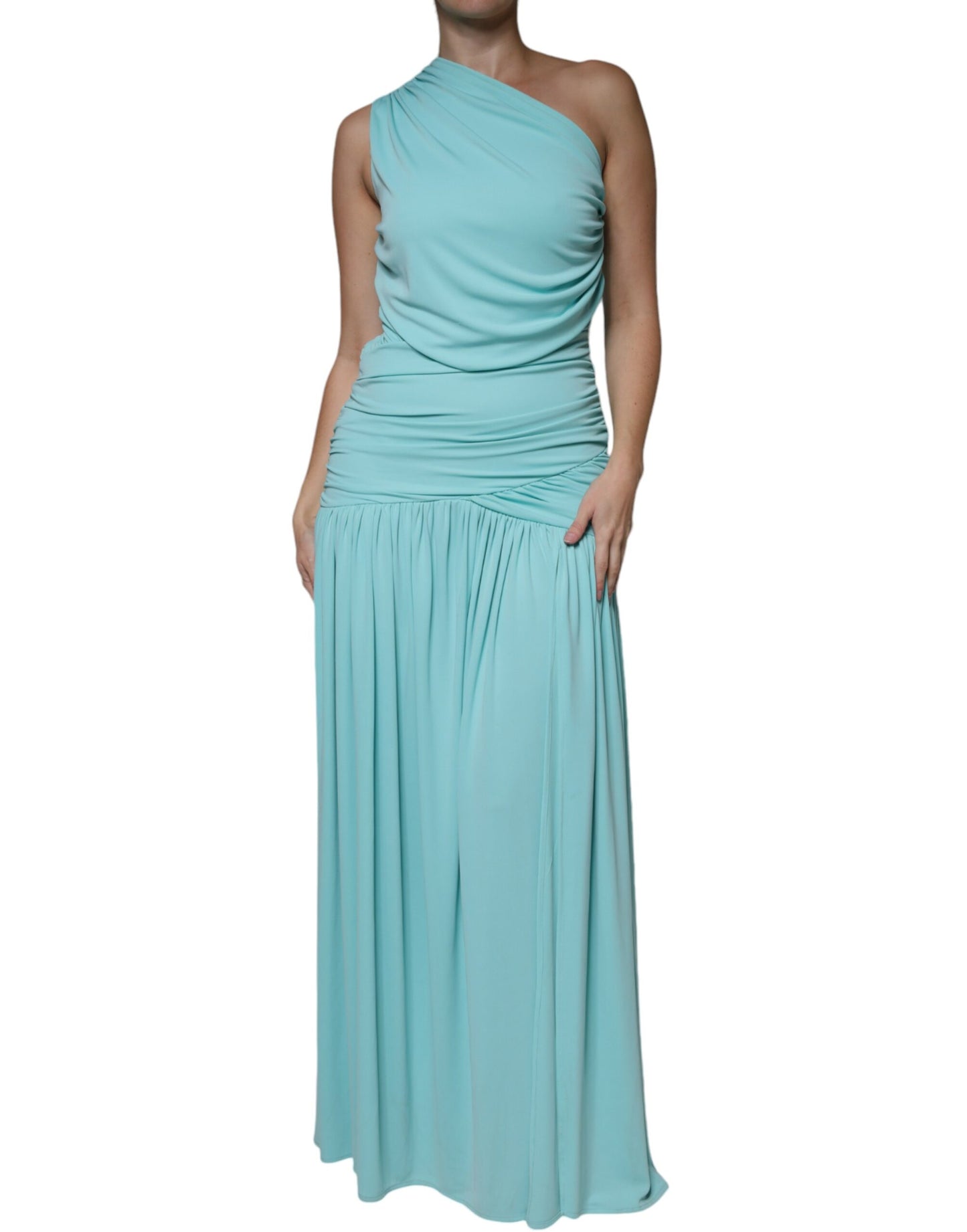 Christian Pellizzari – Langes, drapiertes One-Shoulder-Kleid aus Jersey in Hellblau