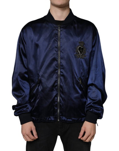 Dolce & Gabbana Blue Crown Heart Full Zip Men Bomber Jacket